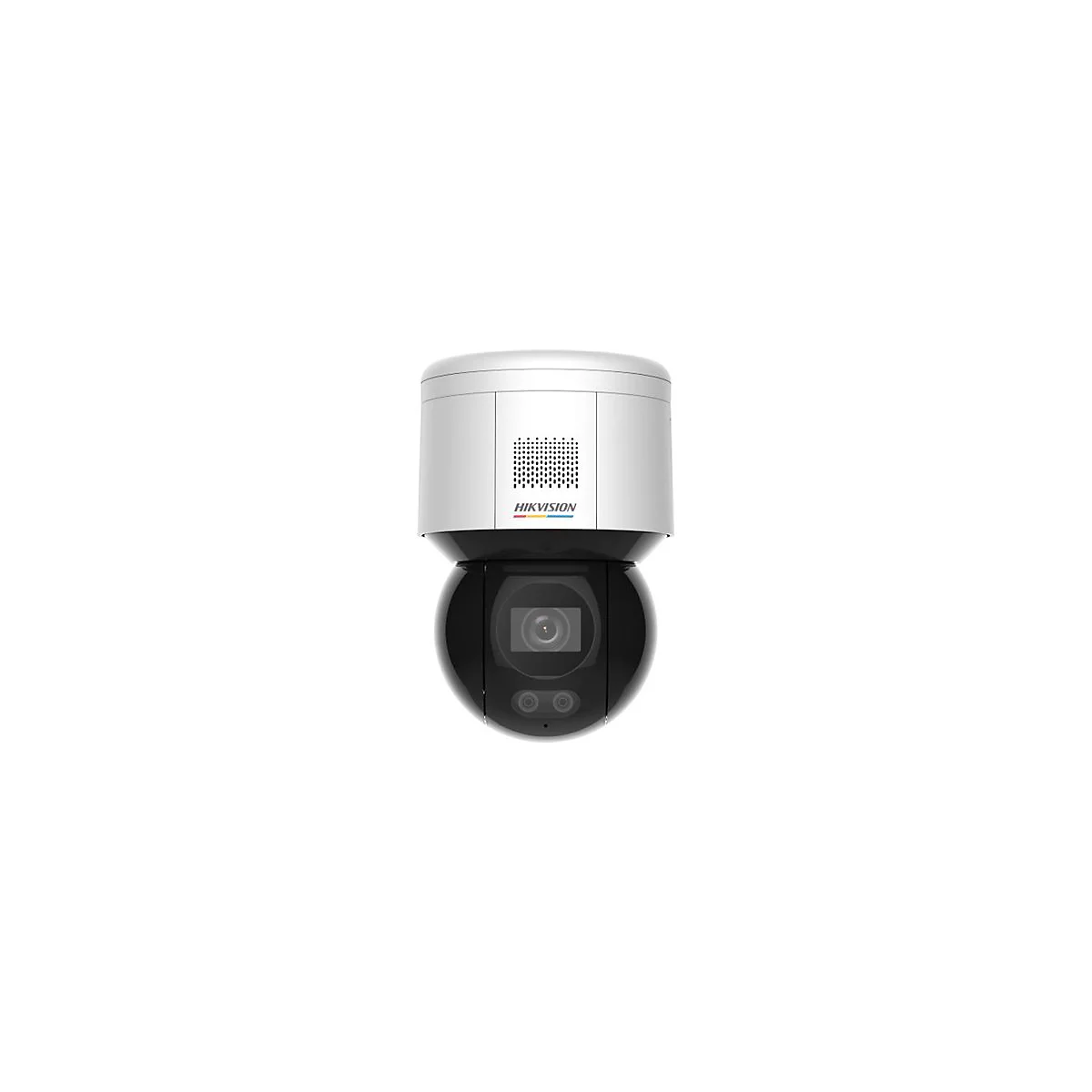 Weiße Hikvision Überwachungskamera mit schwarzer, schwenkbarer Glaskuppel vor weißem Hintergrund.