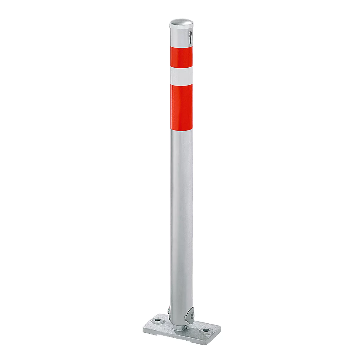 Gray bollard with red and white stripe, standing on a rectangular base plate.