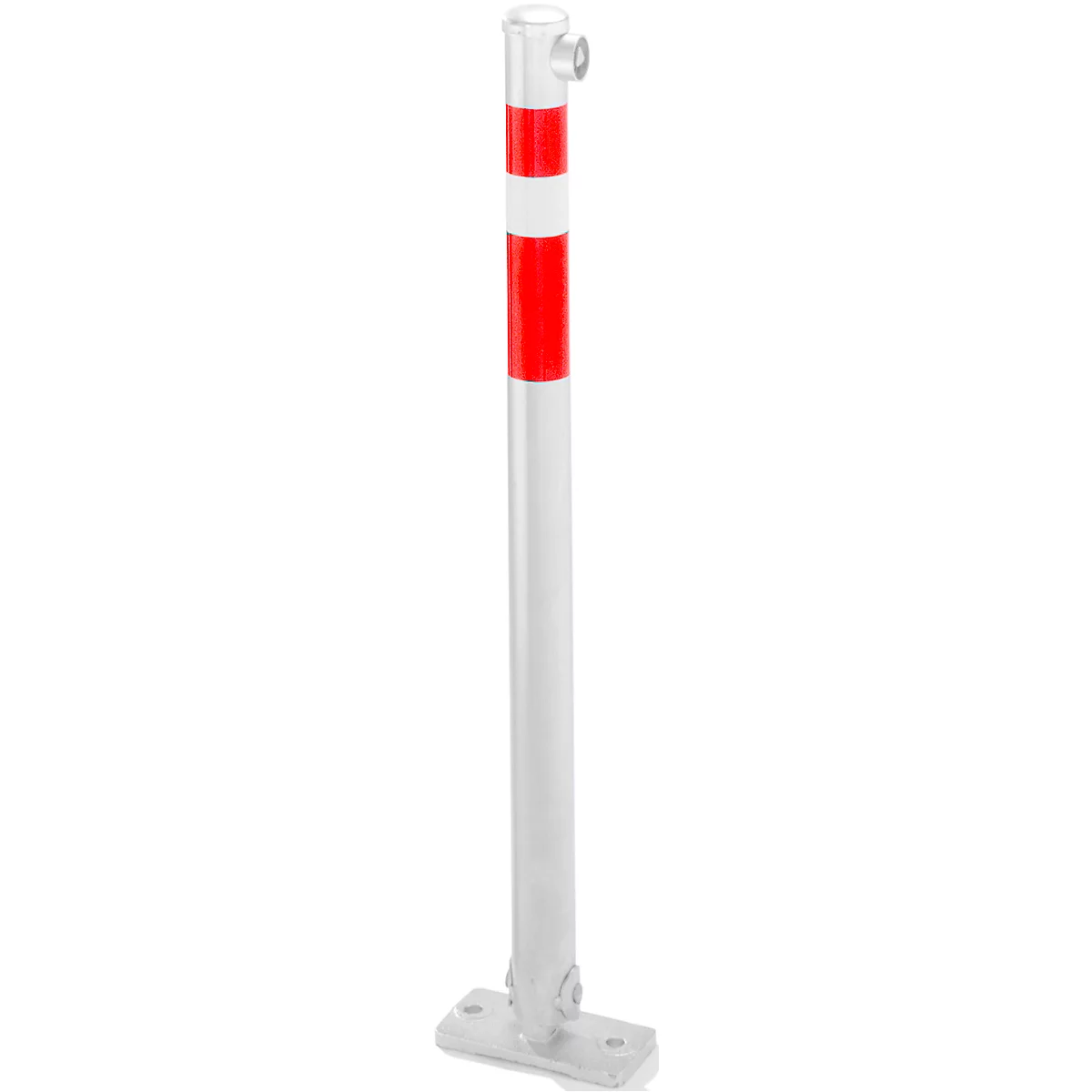 White and red bollard mounted on a metal plate.