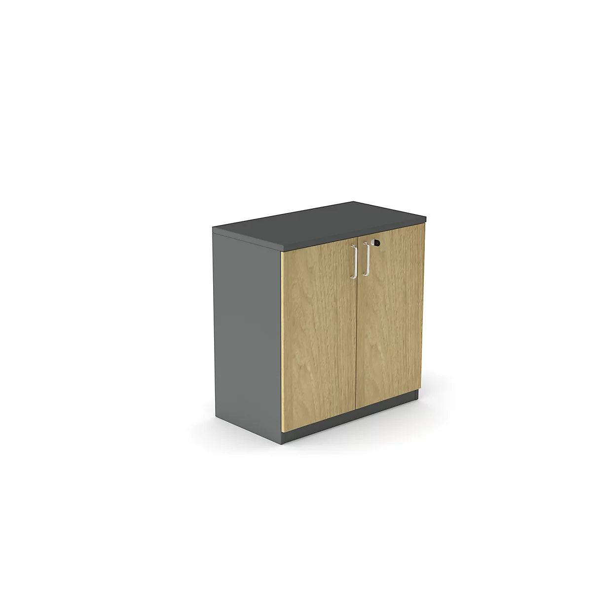 A cabinet with two doors on a white background. Gray-brown colors, metallic handles, and a lock.