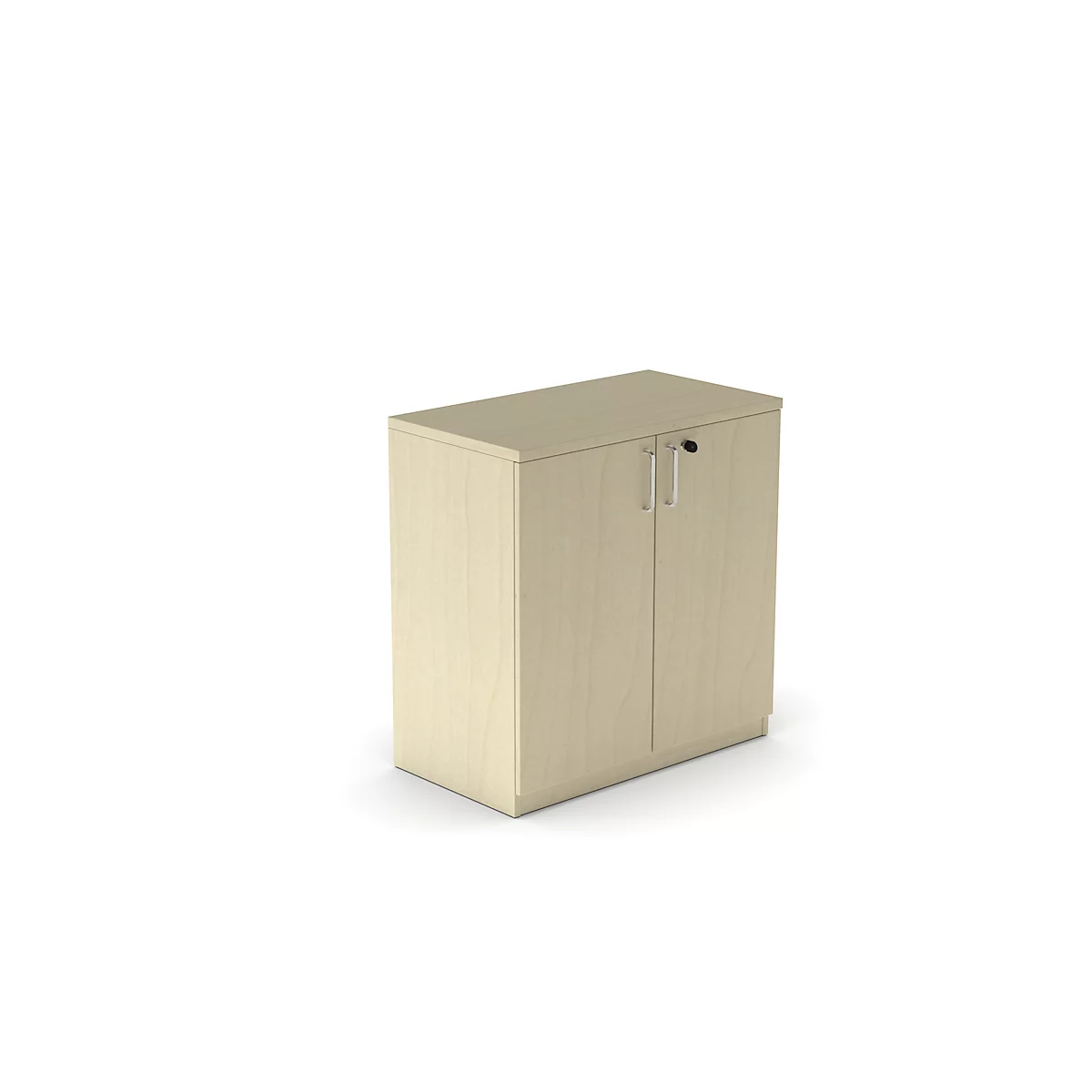 Beige cabinet with two doors, silver handles and lock.