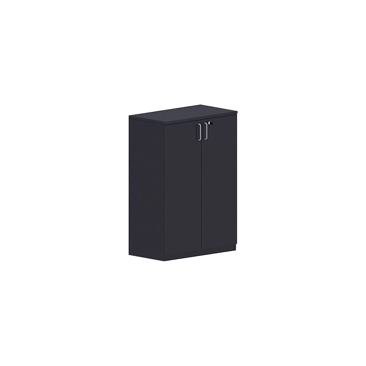 Dark cabinet with two doors, handles, and lock.
