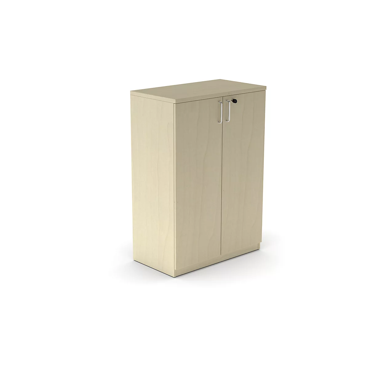 Beige cabinet with two doors and silver handles. It stands against a white background.