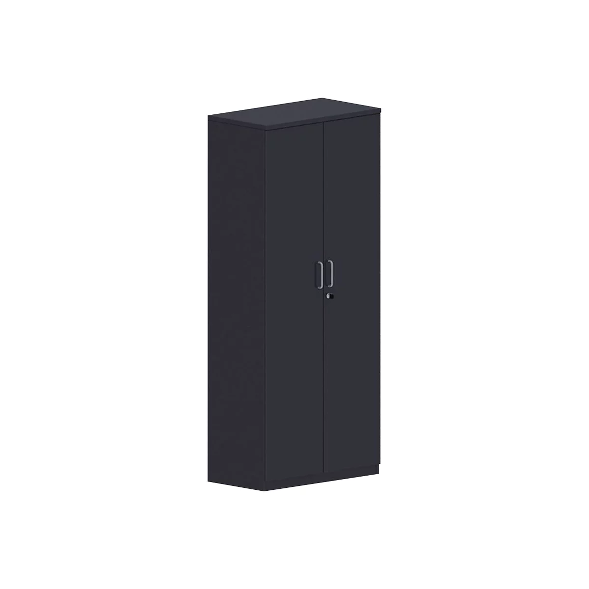 Dark cabinet with two doors, two handles and a keyhole. Upright.