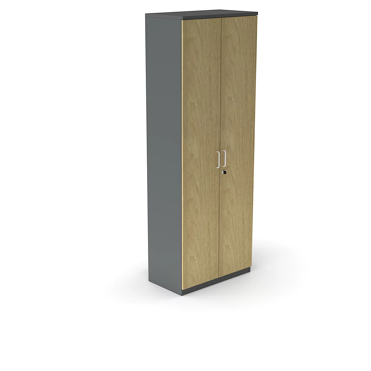 A tall cabinet with light wood doors and gray sides against a white background.