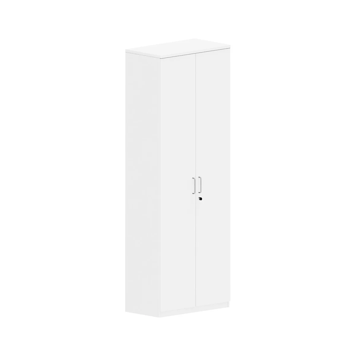 A white cabinet with two doors, two handles, and a keyhole.