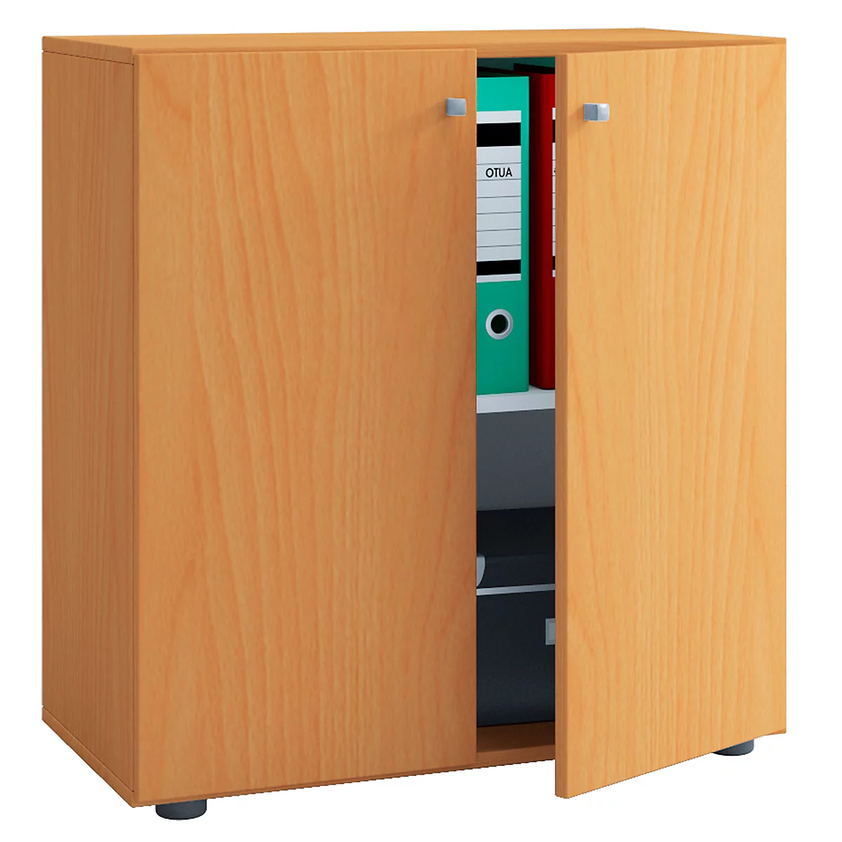 A wooden cabinet with two doors, one of which is open, showing folders inside.