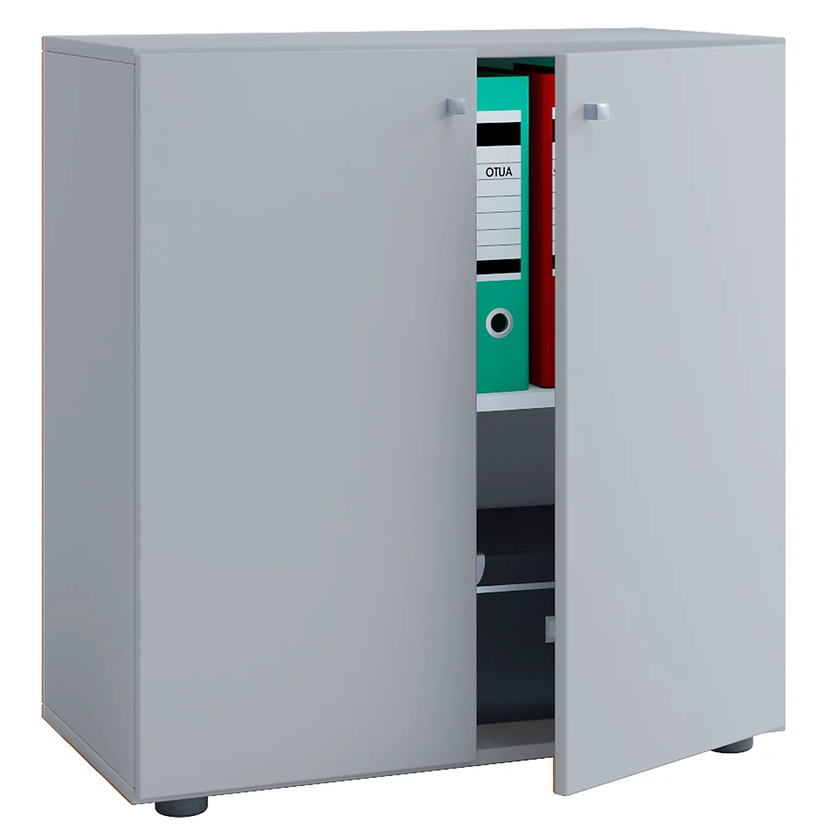 Gray cabinet with open door, binders visible.