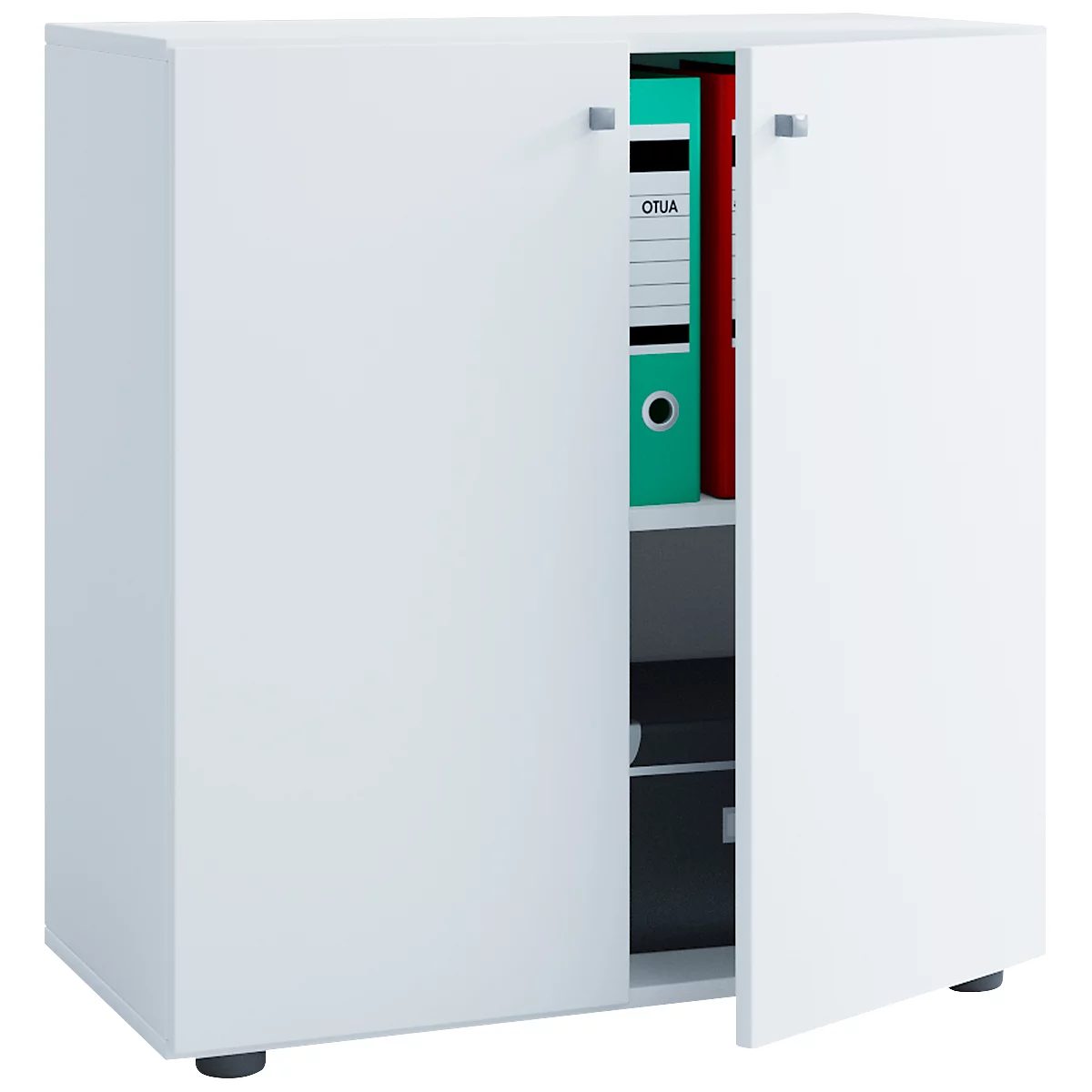 White cabinet with open door, in which folders are standing. The handle is angular and metallic.