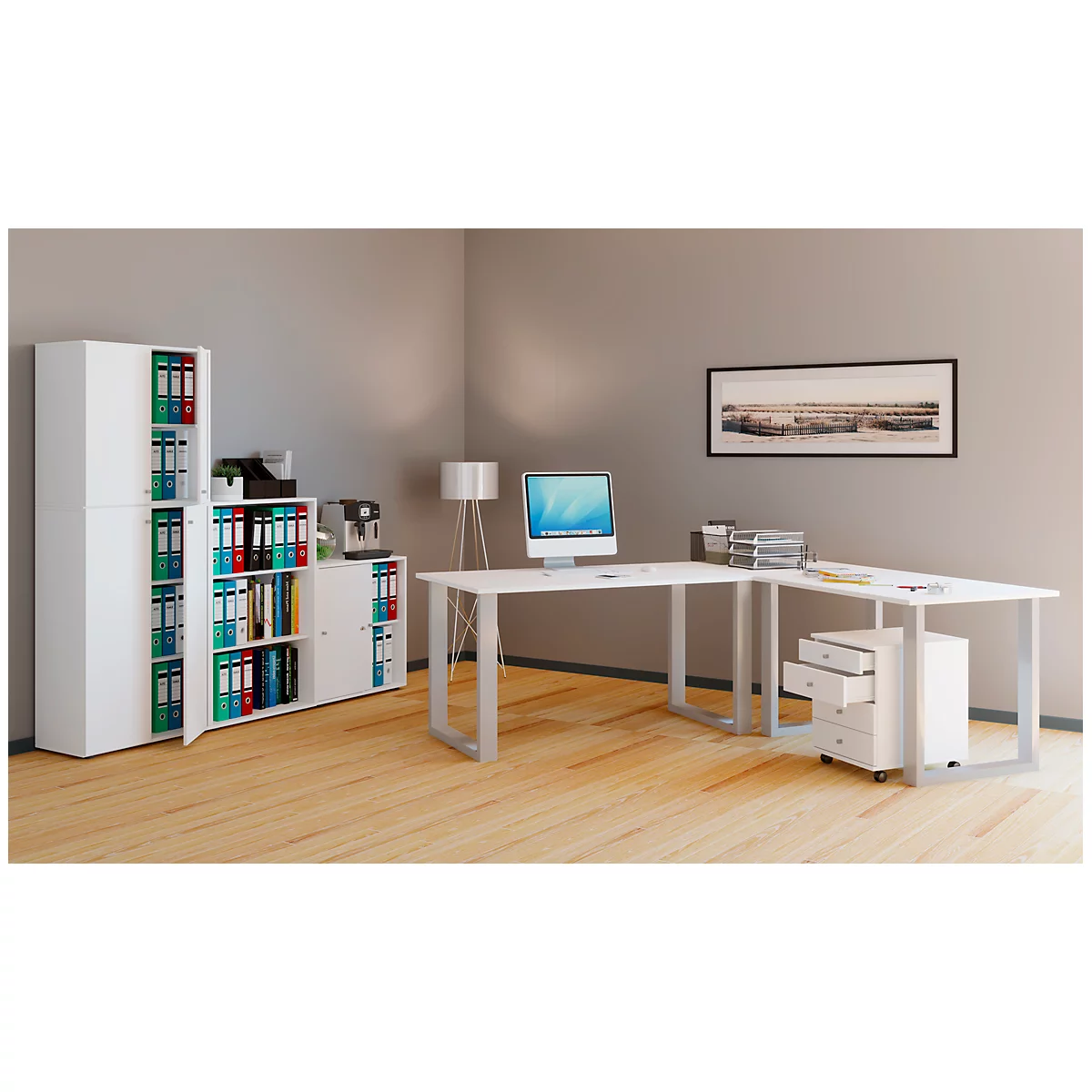 A modern office with a white desk, filing cabinet and a computer.