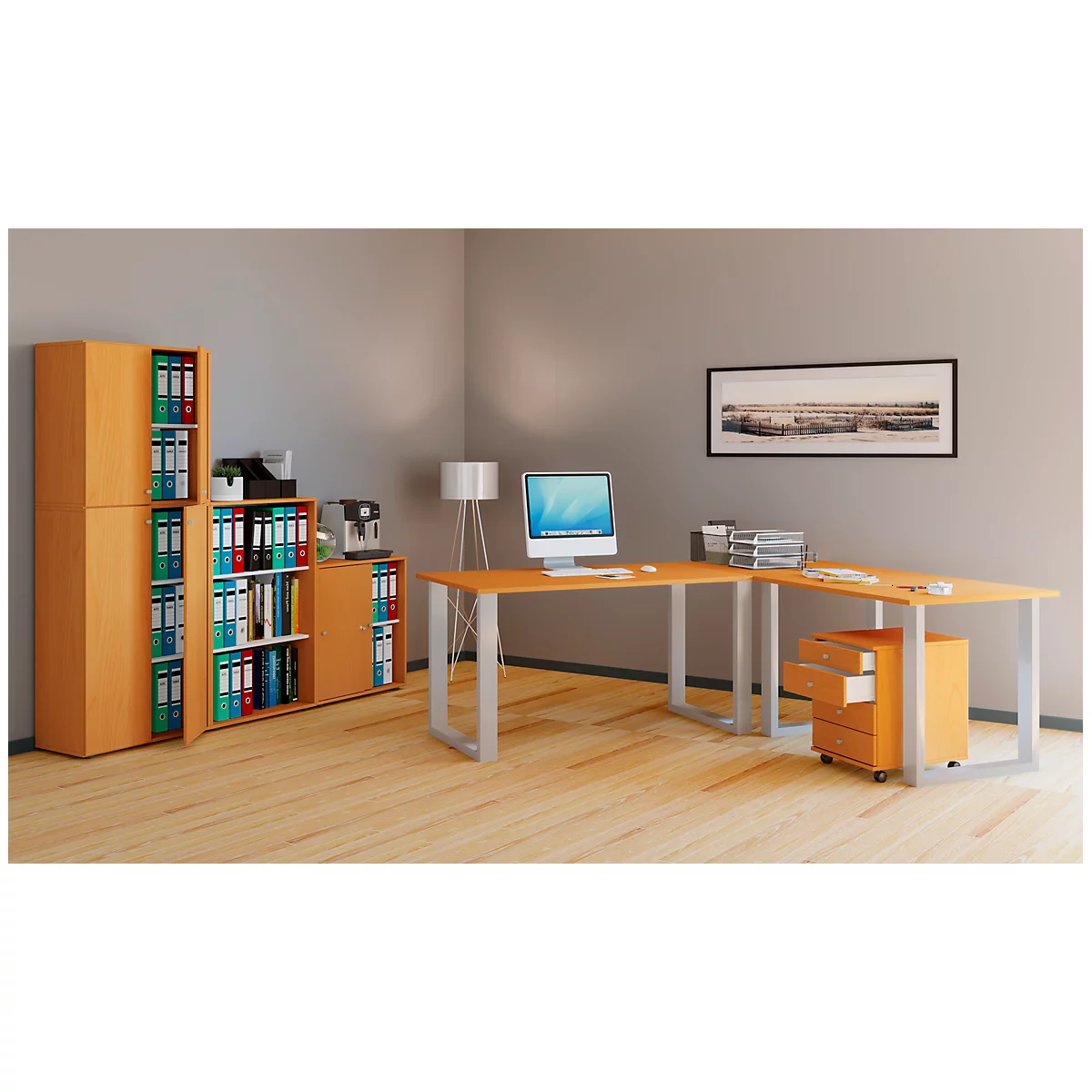 An office corner with orange furniture, a computer, and file cabinets. A picture on the wall and a lamp base.