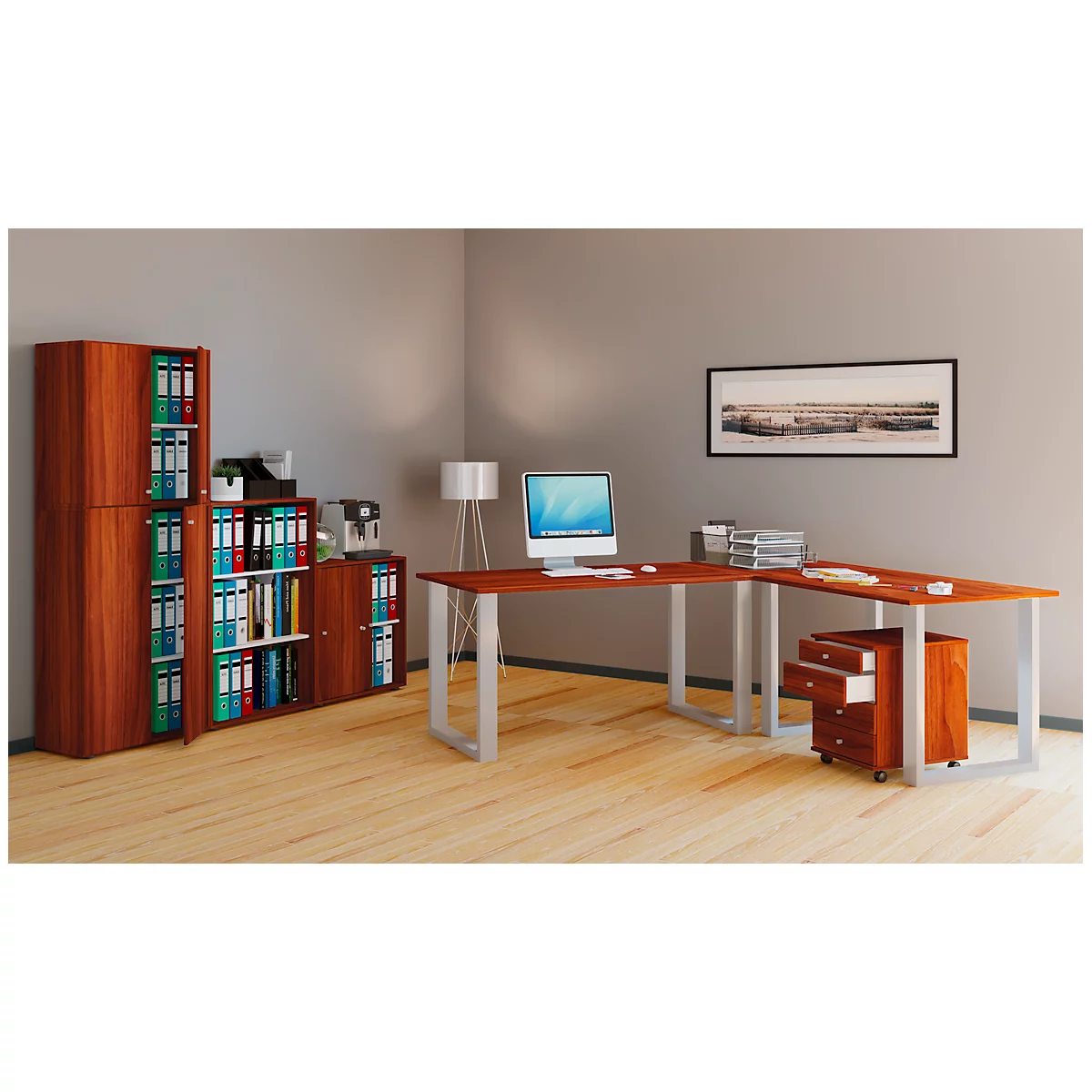 Office with wooden furniture: desk, file cabinets, computer. The image shows an office space with a desk and file cabinets.
