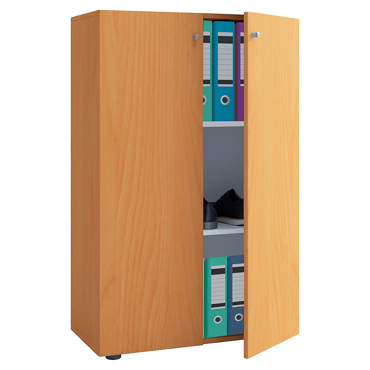 Light brown cabinet, doors open. Folders stand in shelves. On a shelf stands a black shoe.