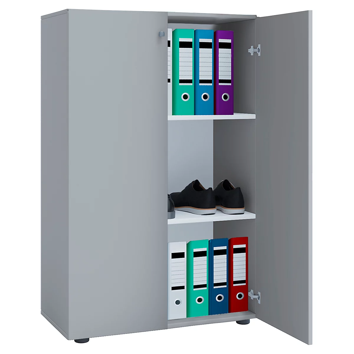 Gray cabinet with open door. Inside, file folders in various colors and shoes on the shelves.
