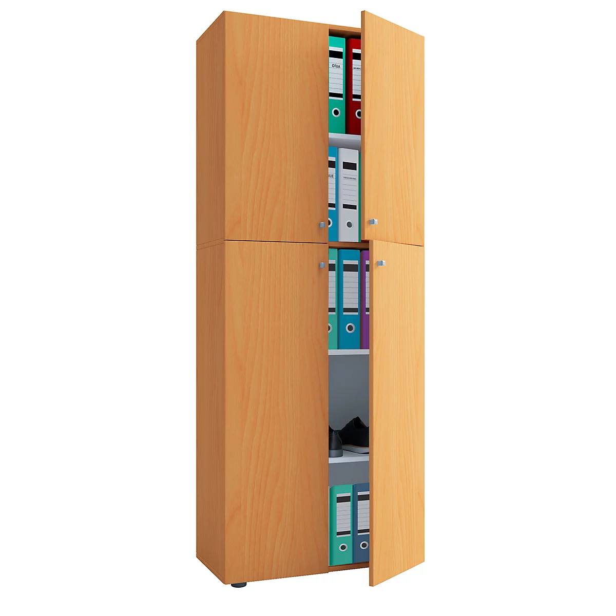 Light brown office cabinet with open doors. Folders in different colors can be seen.