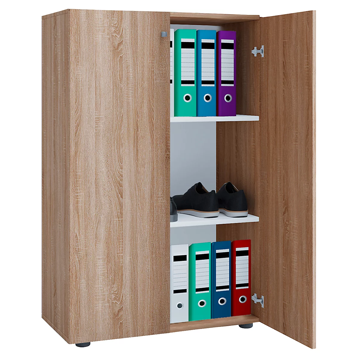 An open cabinet with wood grain. Shelves with binders and shoes. The door is open.