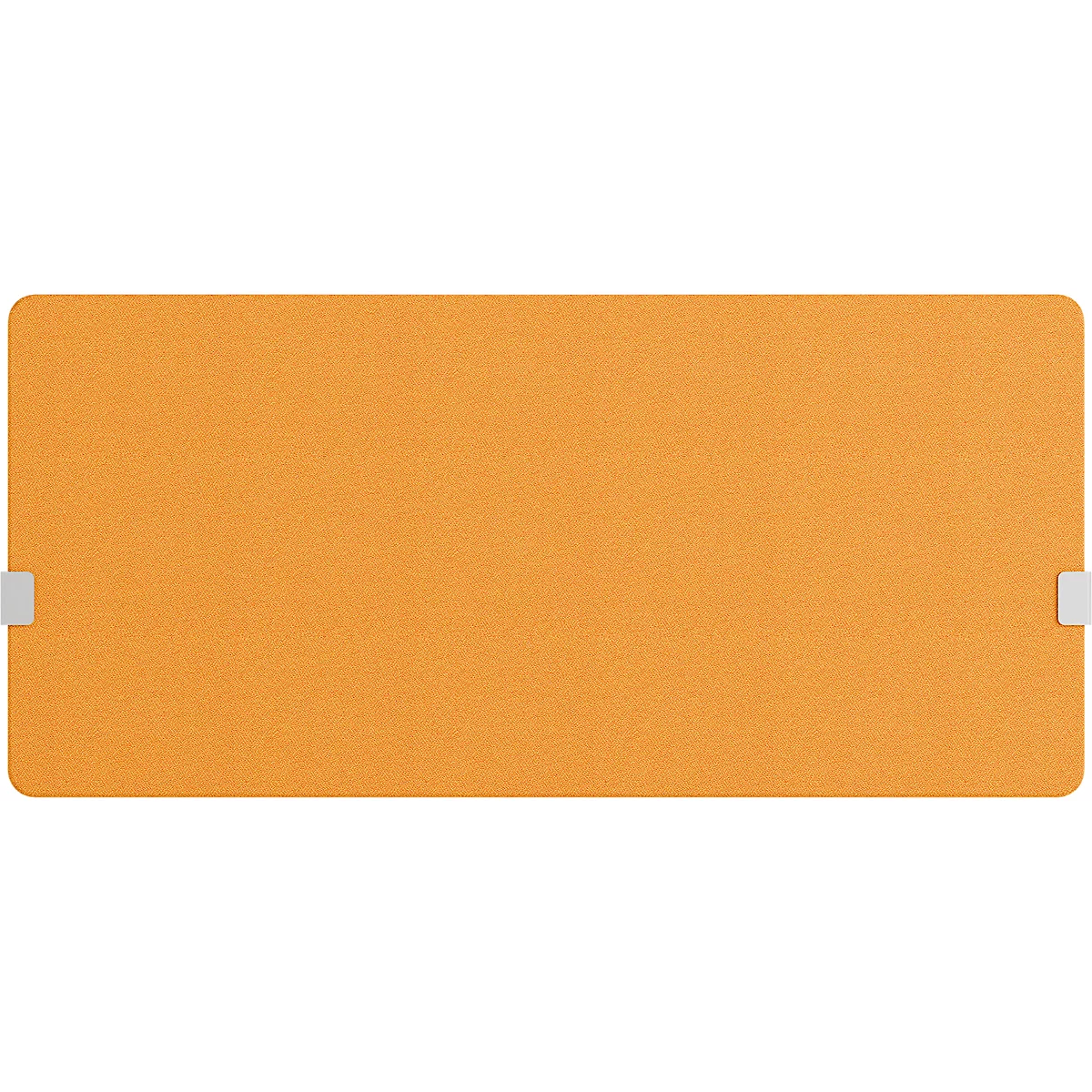 Rechteckige orangefarbene Unterlage mit abgerundeten Ecken. An den kurzen Seiten befinden sich kleine, helle, rechteckige Elemente.