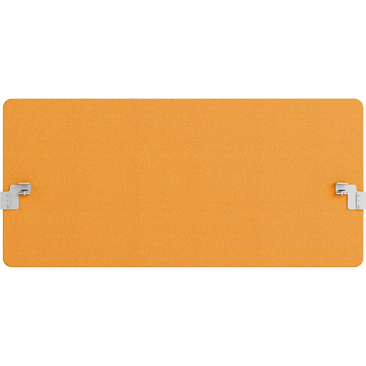 Ein rechteckiges, orangefarbenes Objekt mit zwei metallischen Halterungen an den kurzen Seiten.