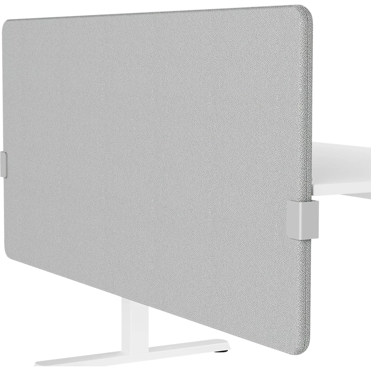 Graue Schreibtischabtrennung aus Stoff, an weißem Tisch befestigt. Das minimalistische Design ist klar und funktional.