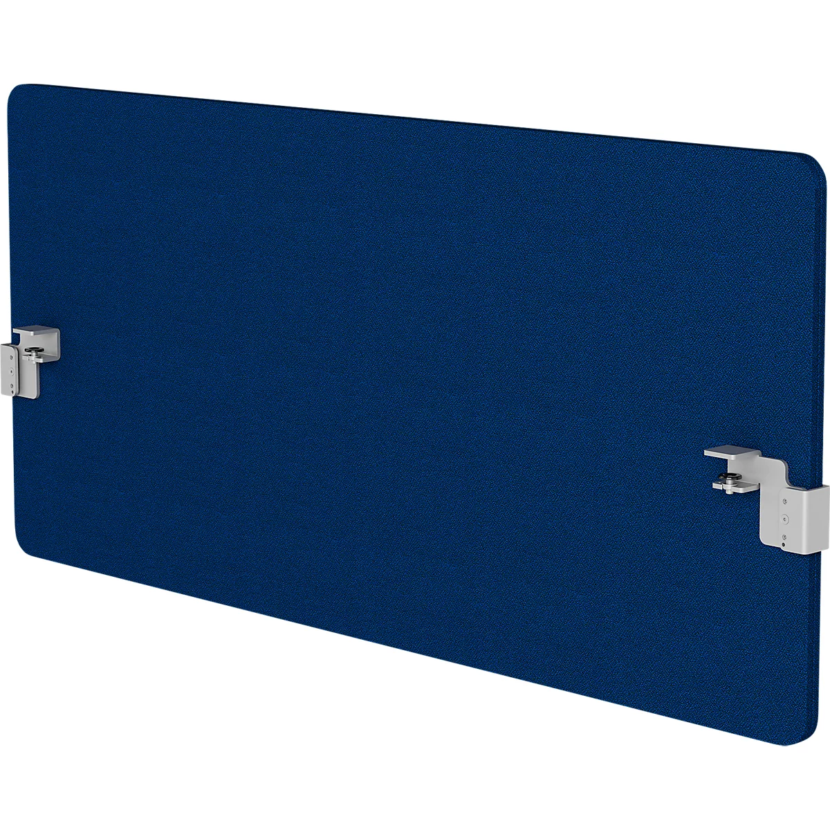 Blaue, rechteckige Stoffwand, an der Metallklammern befestigt sind.