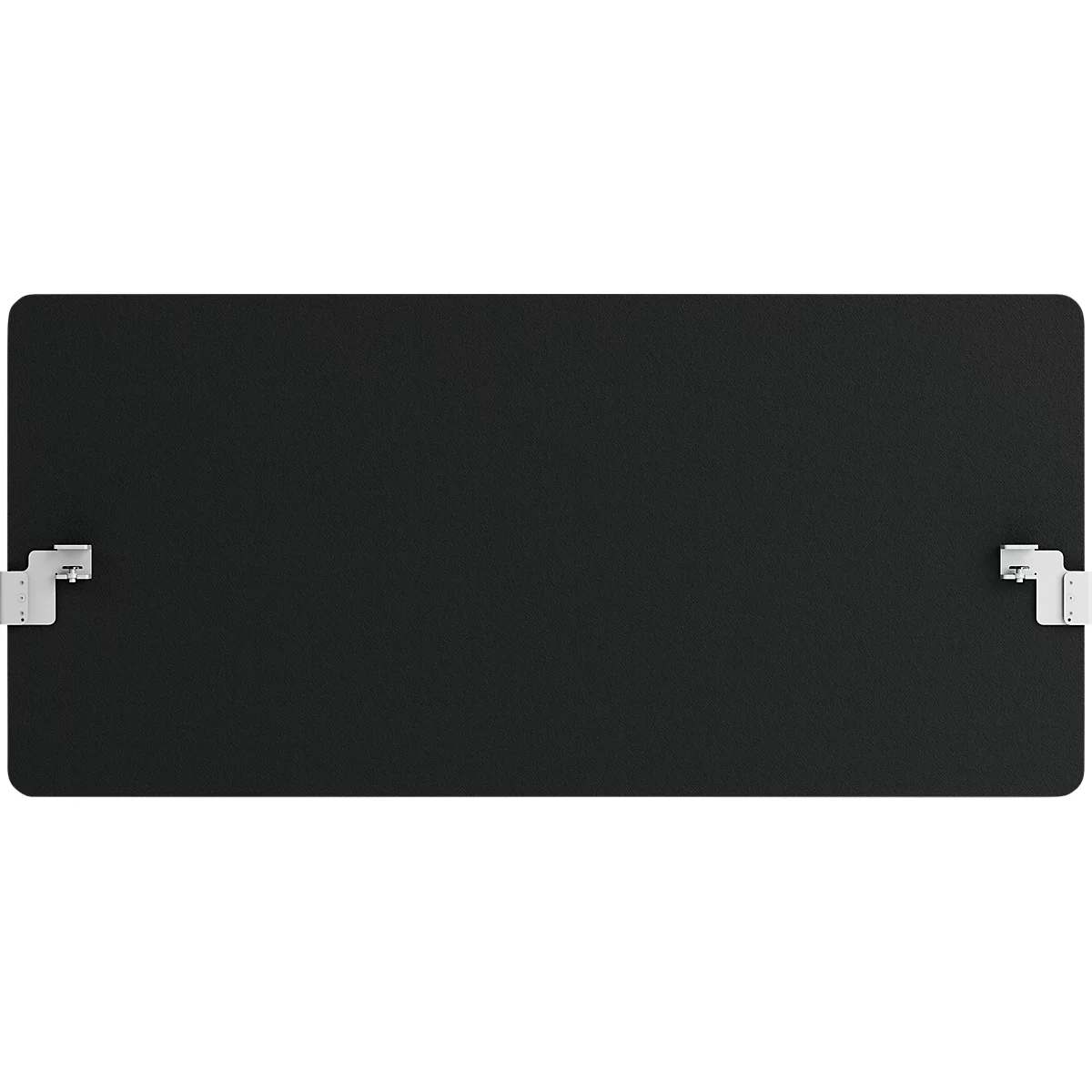 Schwarzes, rechteckiges Schild mit abgerundeten Ecken, an den kurzen Seiten je ein silberner Halter.
