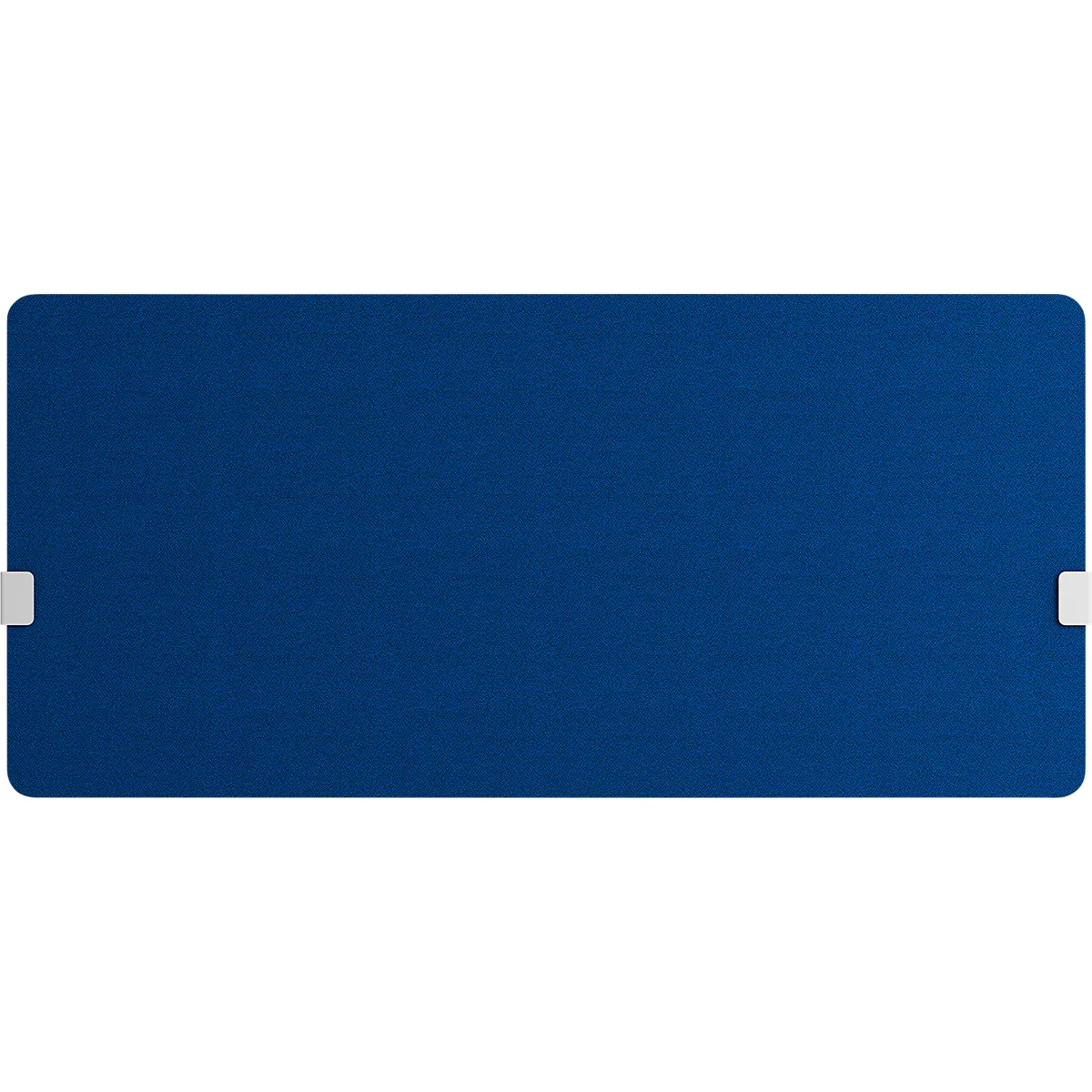 Blaues rechteckiges Pad mit weißen rechteckigen Clips an den Seiten.