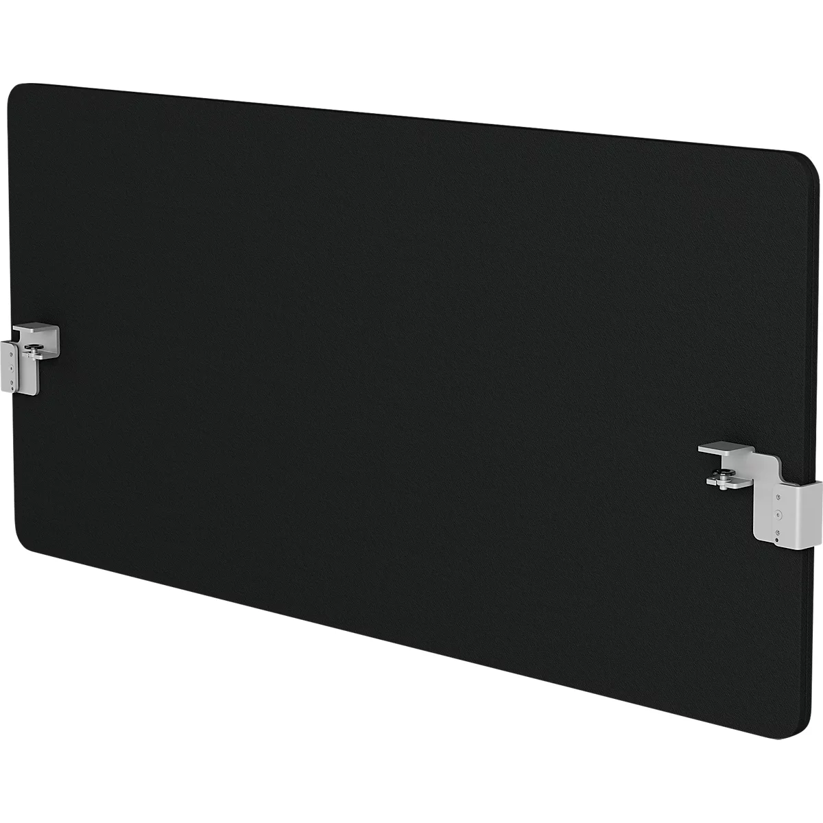 Schwarze Schallschutzwand mit Halterungen, rechteckige Form, abgerundete Ecken.