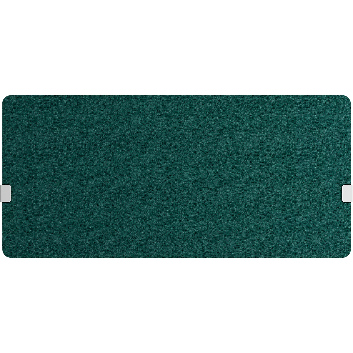 Ein rechteckiges, dunkelgrünes Mousepad mit abgerundeten Ecken. An beiden kurzen Seiten ist ein weisser Verschluss.