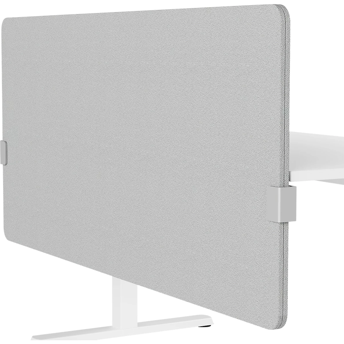 Graue Bürotrennwand an einem weißen Tisch. Sie wird von einer weißen Halterung gehalten. Minimalistisches Design.