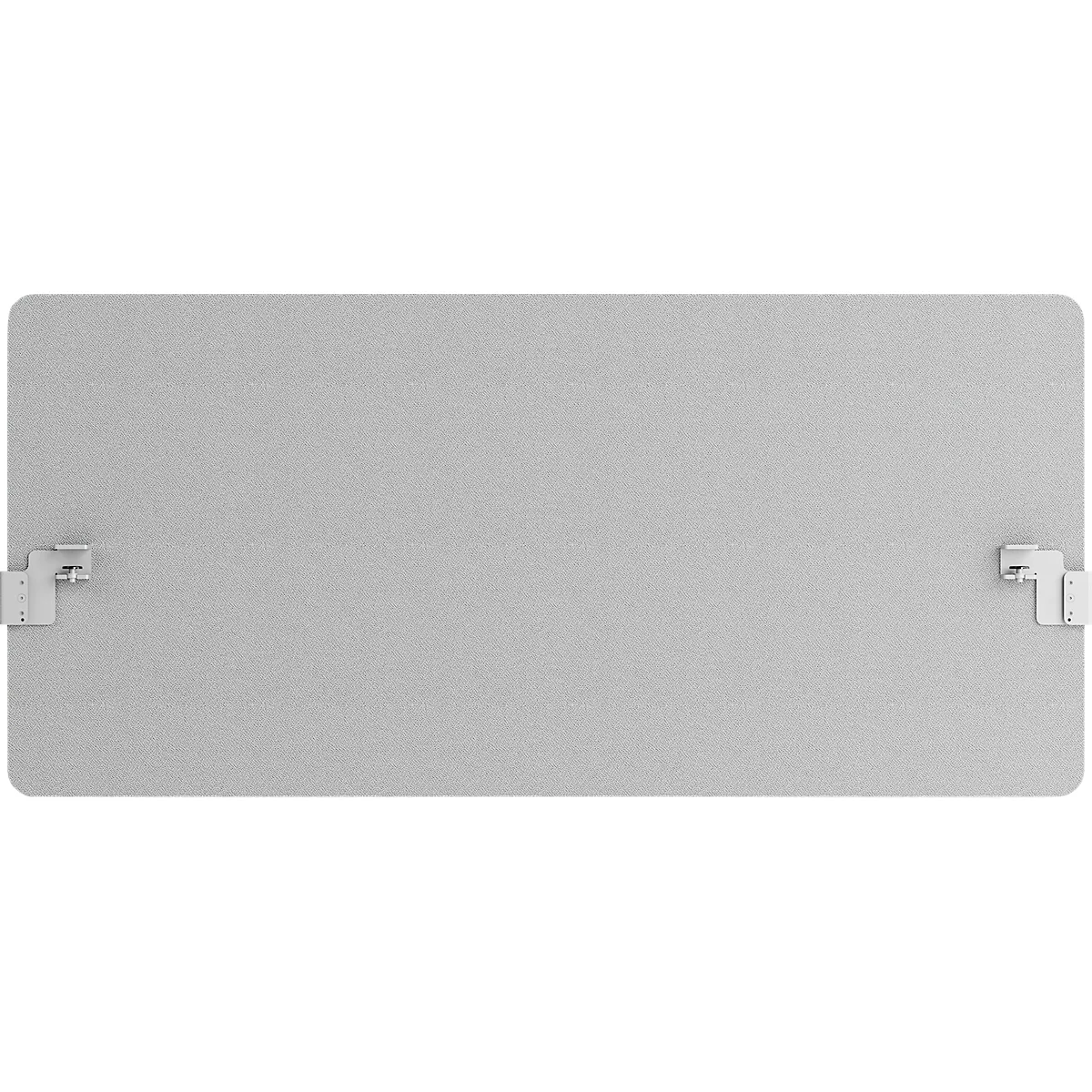 Graue Sonnenblende mit Metallhalterungen. Abgerundete Ecken, zwei Metallhalterungen.