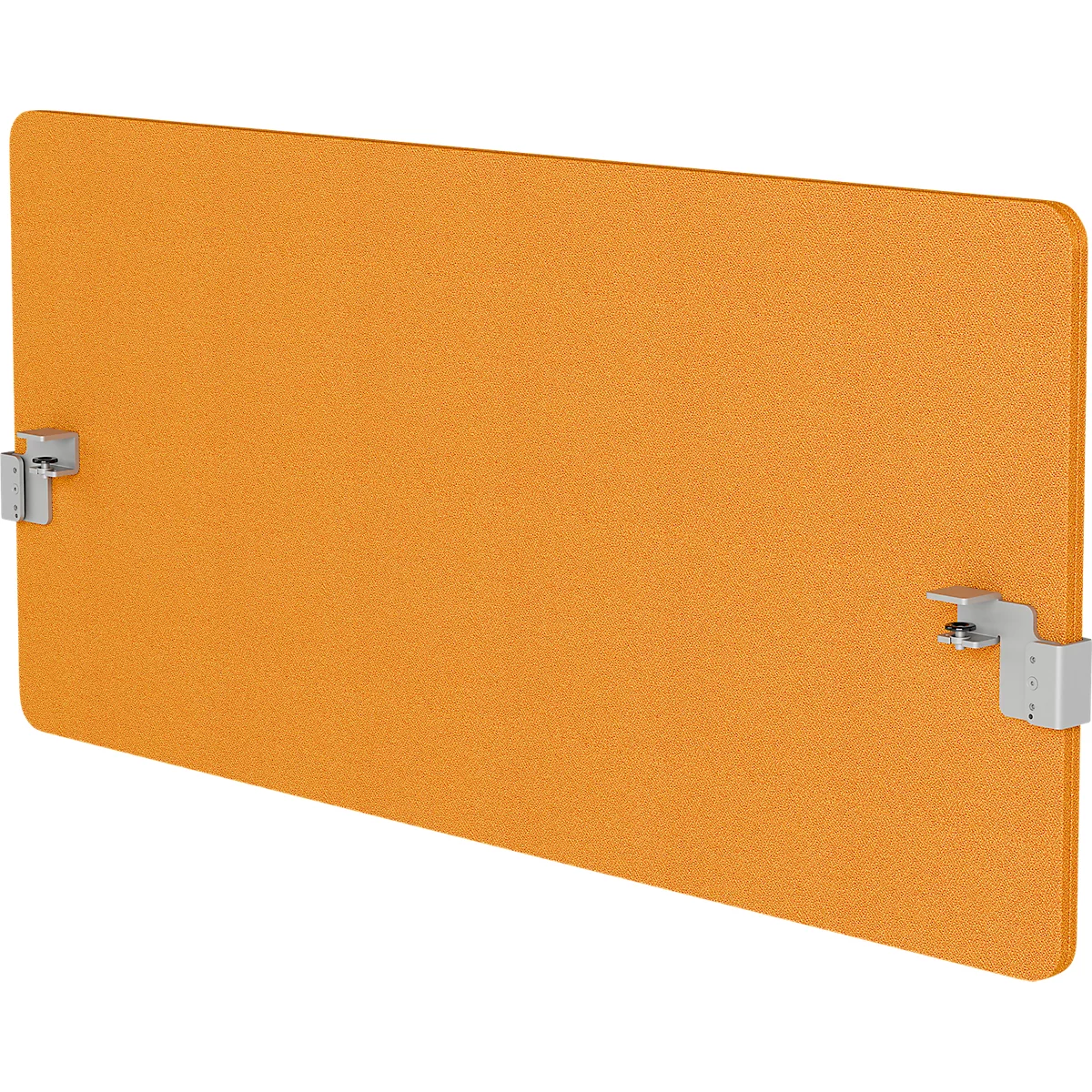 Orangefarbene Schallschutzwand mit zwei silberfarbenen Halterungen.