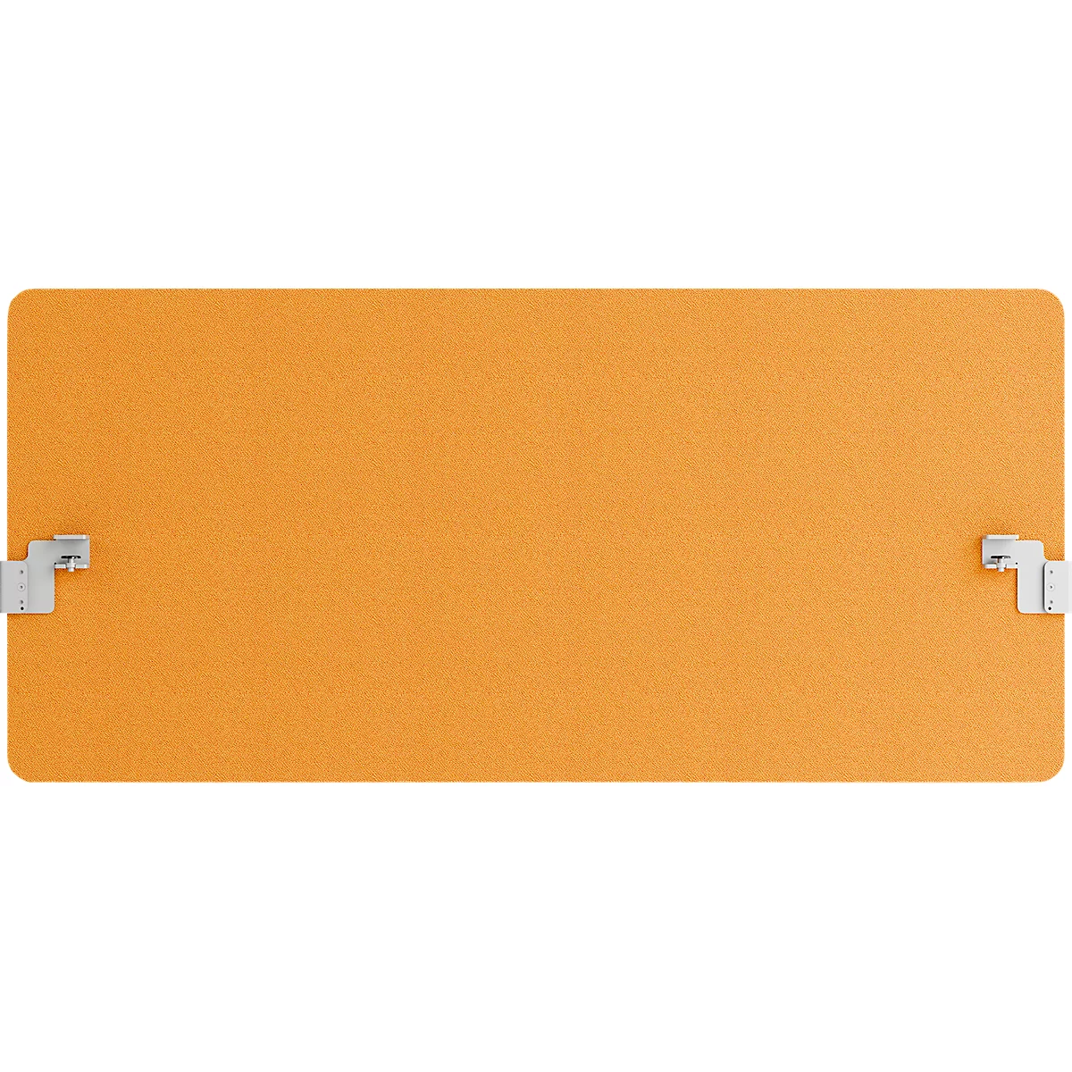 Orangefarbene Sonnenblende mit zwei silbernen Halterungen.