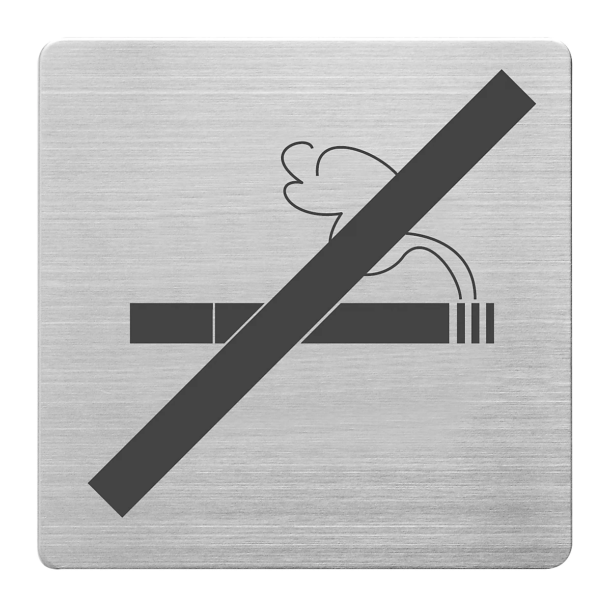 Graues, quadratisches Schild mit "Rauchen verboten" Symbol, durchgestrichene Zigarette.