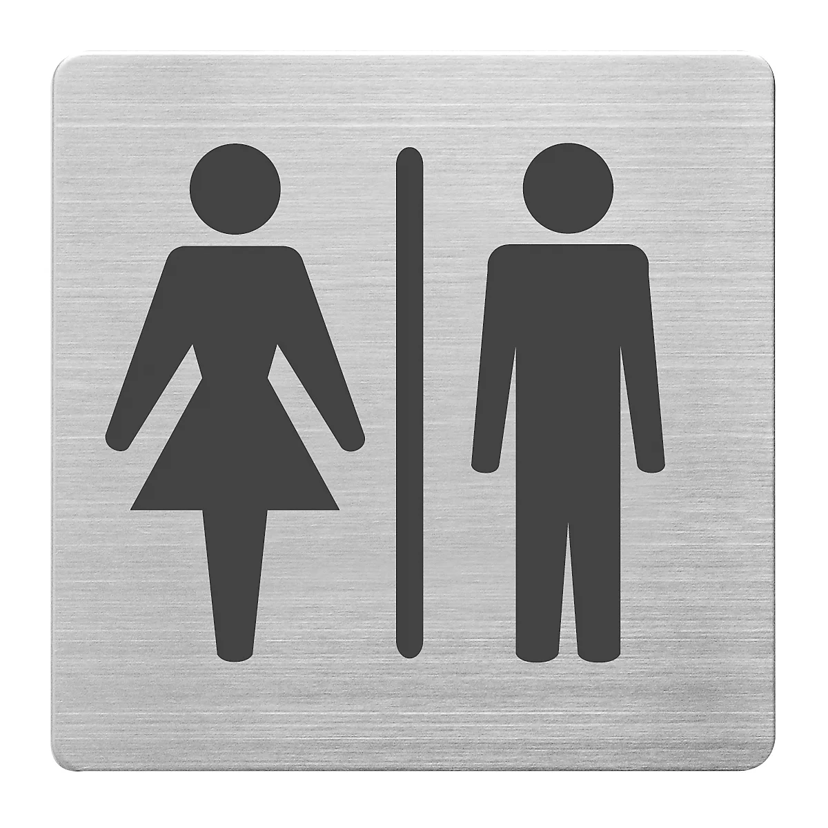 Graues Toilettenschild mit zwei Piktogrammen: eine Frau und ein Mann, getrennt durch eine vertikale Linie.
