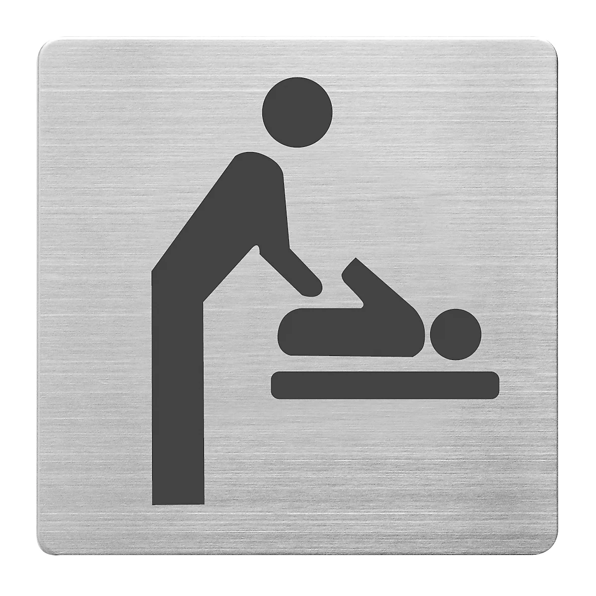 Zeichen für Wickelraum. Person steht über Baby auf Wickeltisch.