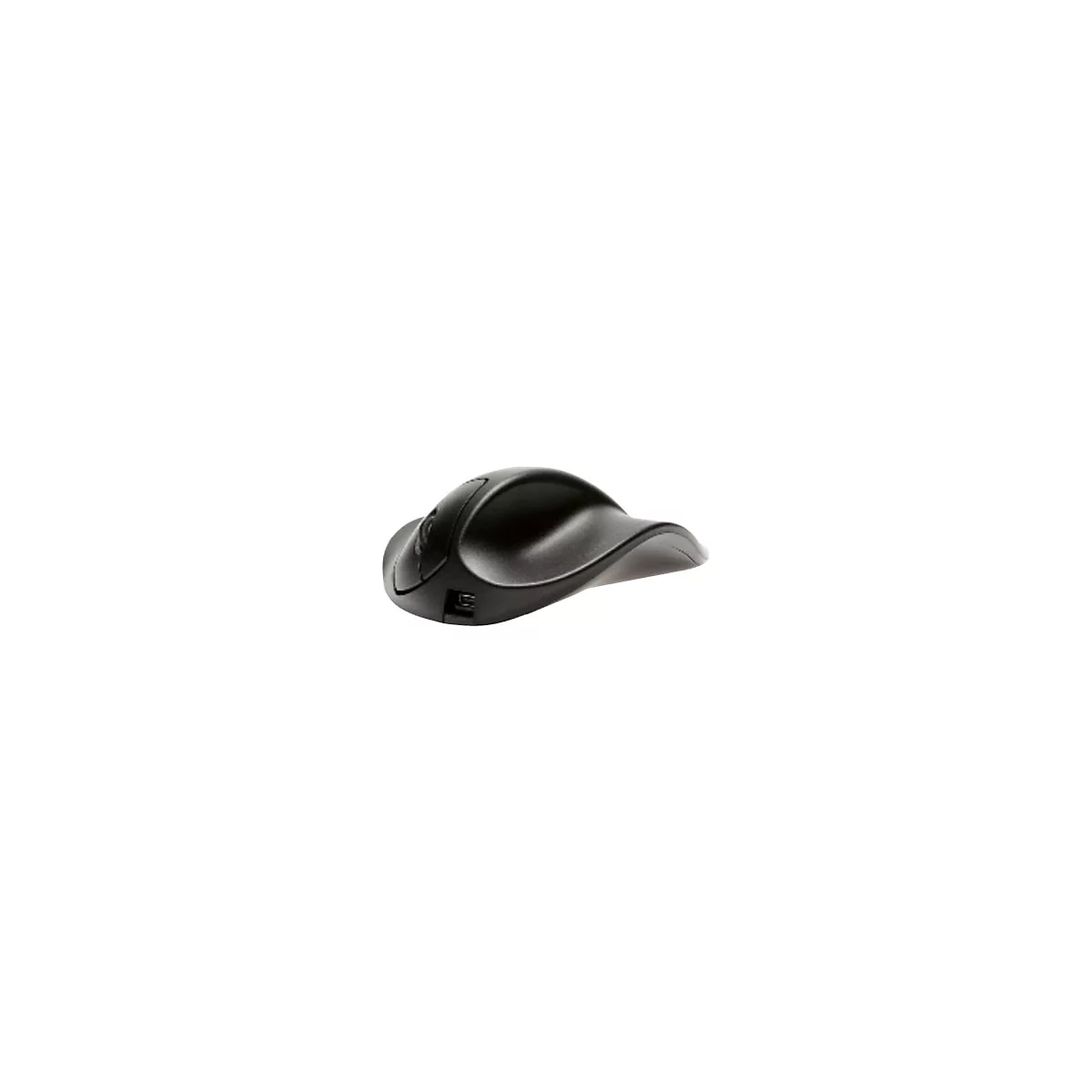 Schwarze ergonomische Maus, geschwungenes Design, USB-Anschluss.