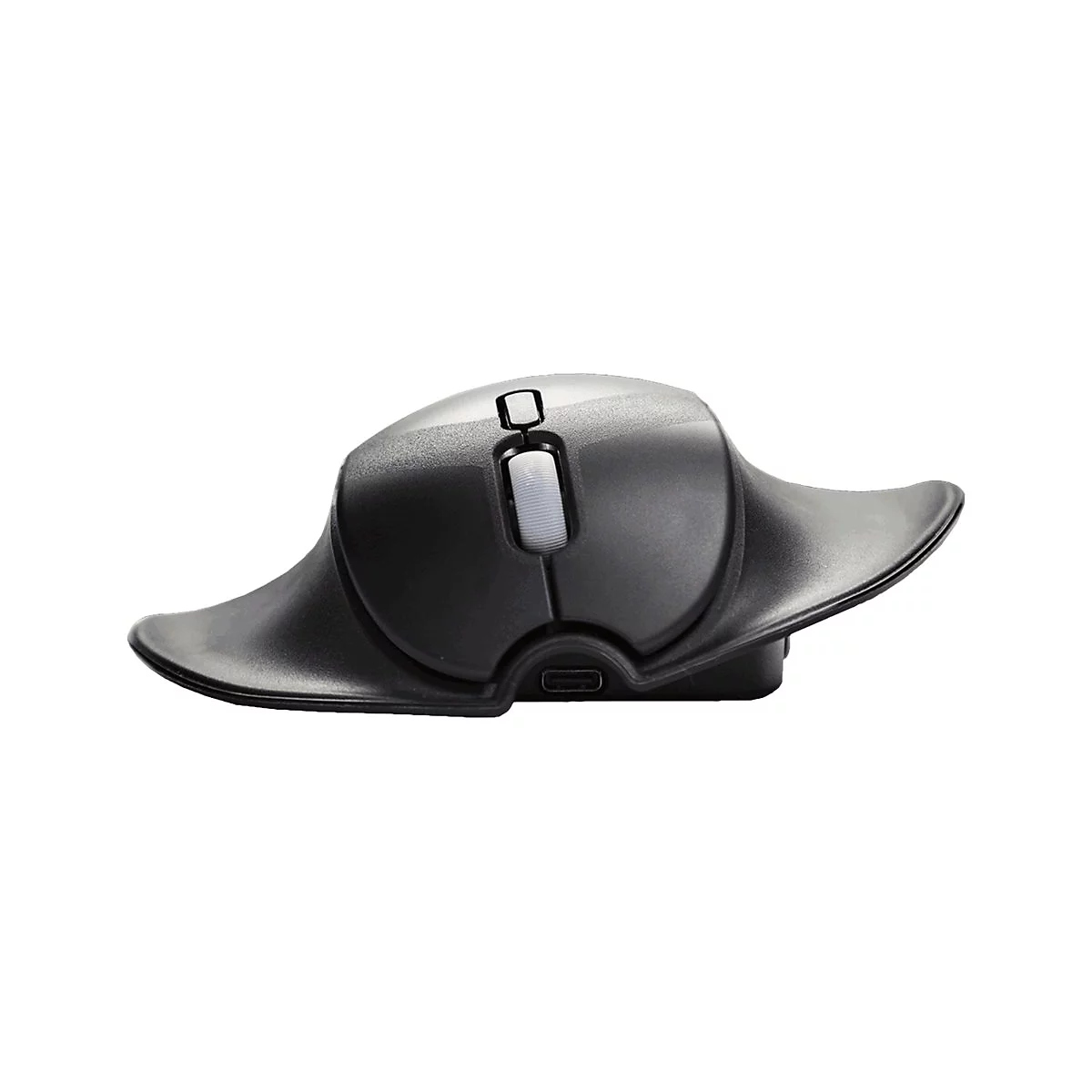 Ein ergonomische Computermaus, schwarz, mit Handauflage. Eine mittlere Rolle und zwei Tasten sind erkennbar.