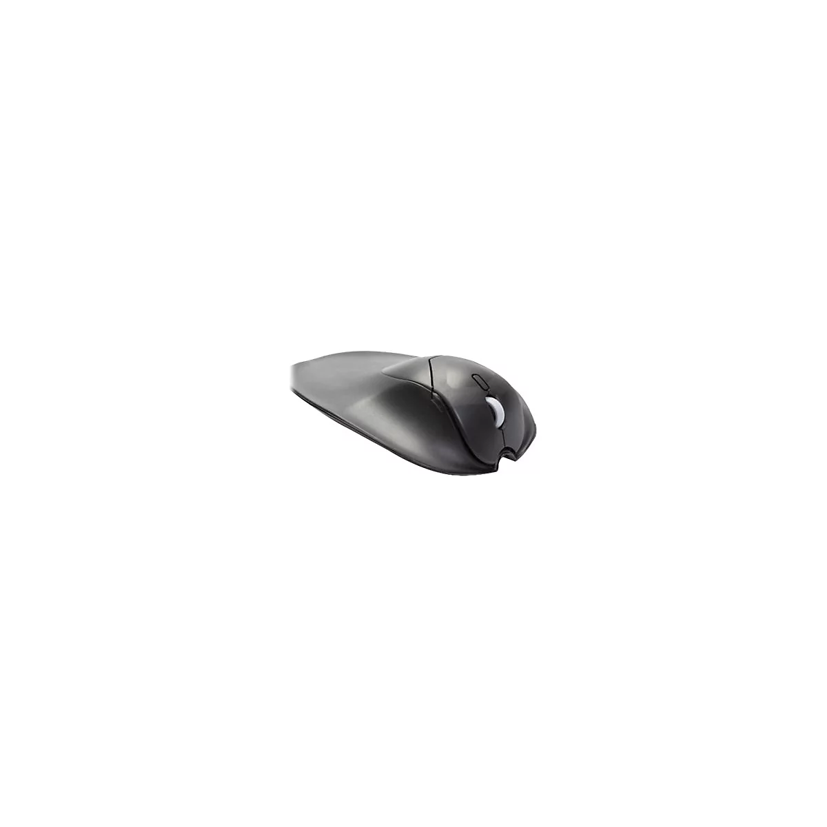 Schwarze Computermaus, ergonomisch geformt. Scrollrad und Tasten in Hellgrau.