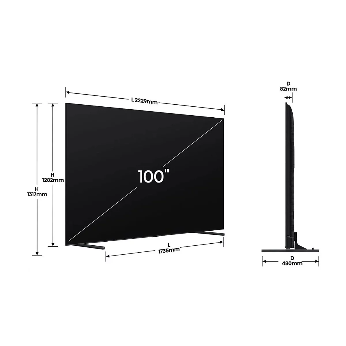 Technische Zeichnung eines 100-Zoll-Fernsehers mit Maßangaben für Breite, Höhe und Tiefe.