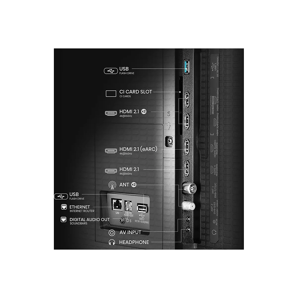 Nahaufnahme der Anschlussleiste eines Fernsehers mit beschrifteten HDMI-, USB-, Ethernet- und Audio-Schnittstellen.