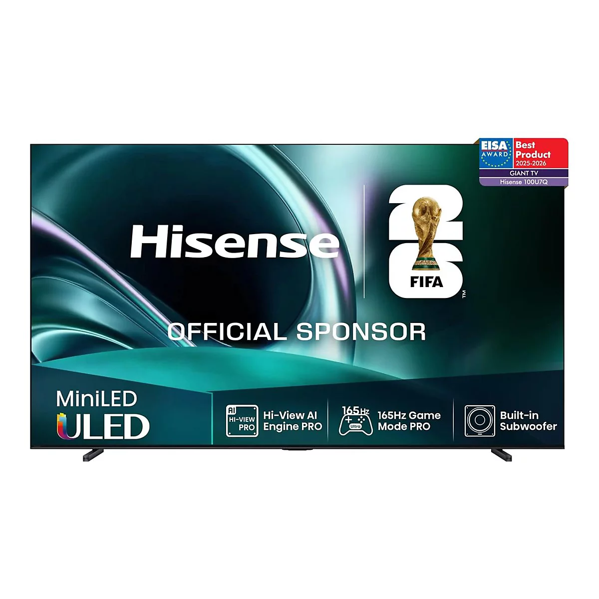 Hisense 100U7Q Fernseher mit FIFA-Branding, EISA-Award-Siegel und technischen Spezifikationen wie MiniLED und 165Hz.
