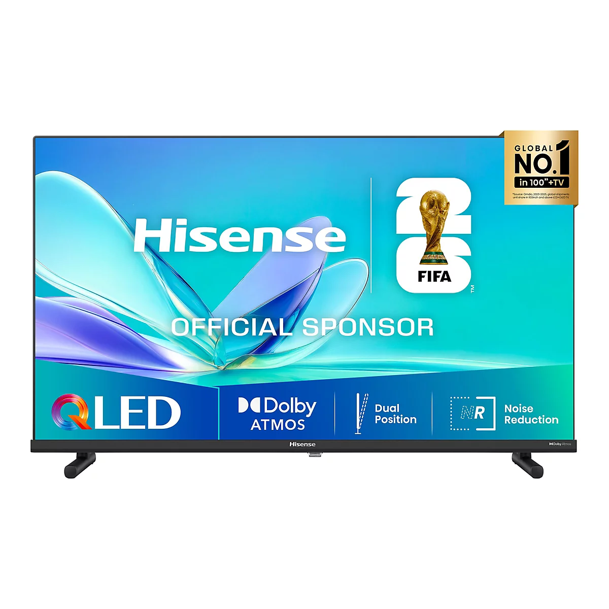 Hisense QLED-Fernseher vor weißem Hintergrund mit FIFA-WM-Branding und technischer Ausstattung.