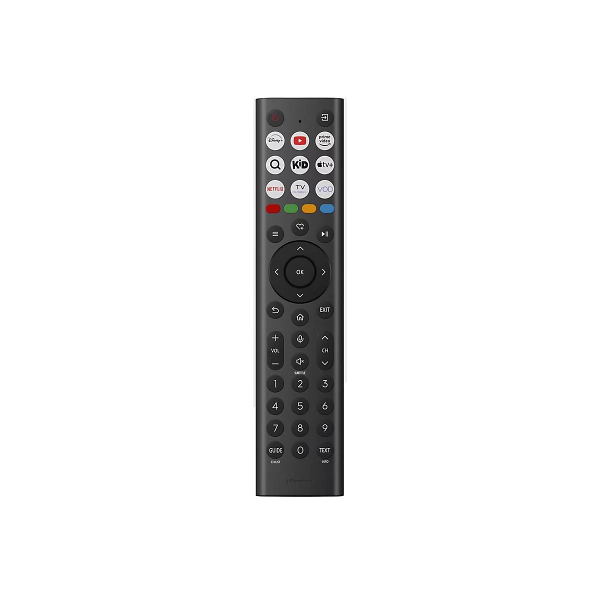 Schwarze Hisense-Fernbedienung mit zahlreichen Tasten für Streaming-Dienste, Menüführung und Ziffernblock.