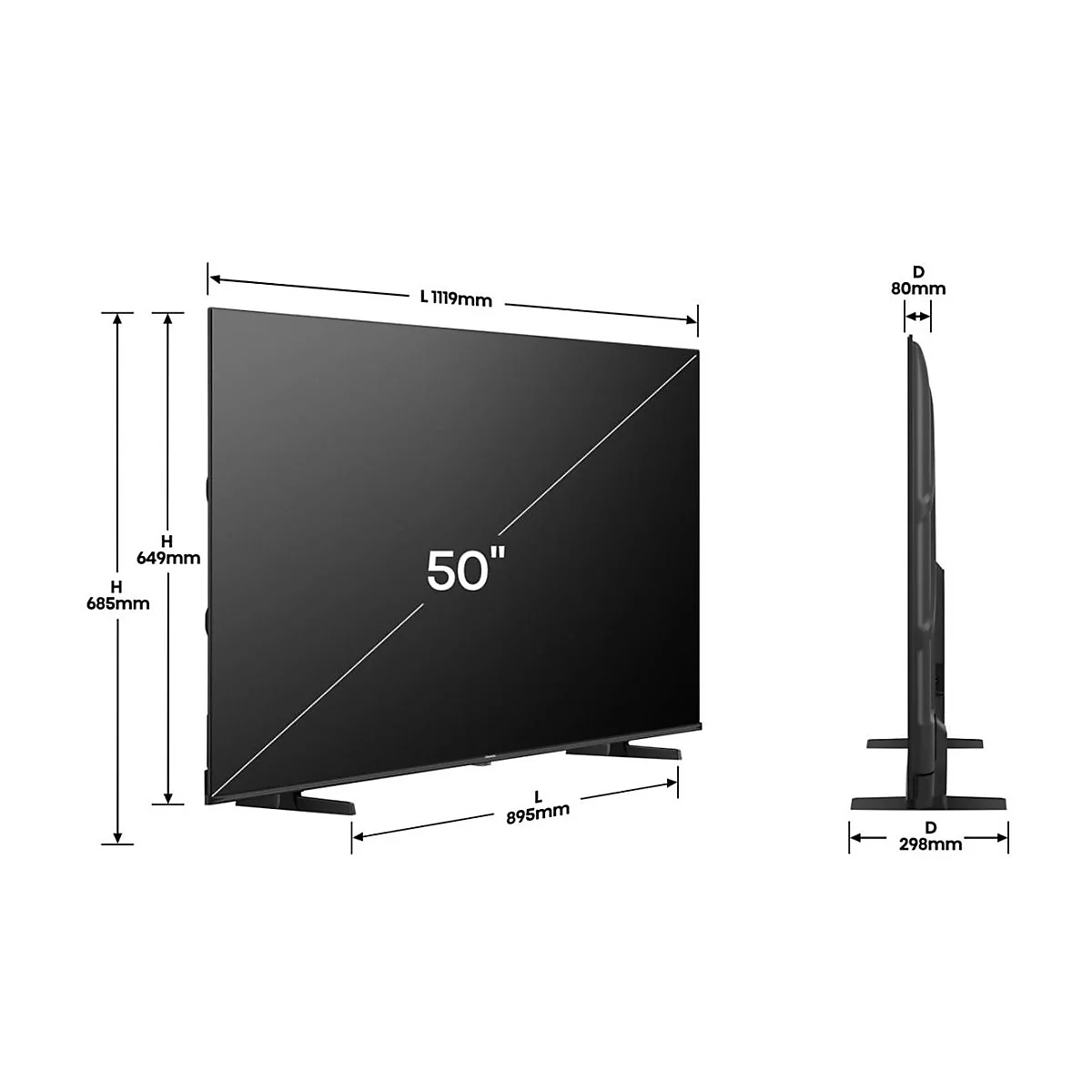 Technische Zeichnung eines 50-Zoll-Fernsehers mit Maßangaben für Breite, Höhe und Tiefe.