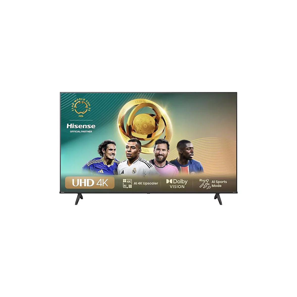 Hisense 4K Fernseher mit FIFA Klub-WM 2025 Branding, Fußballspielern und technischen Produktinformationen.