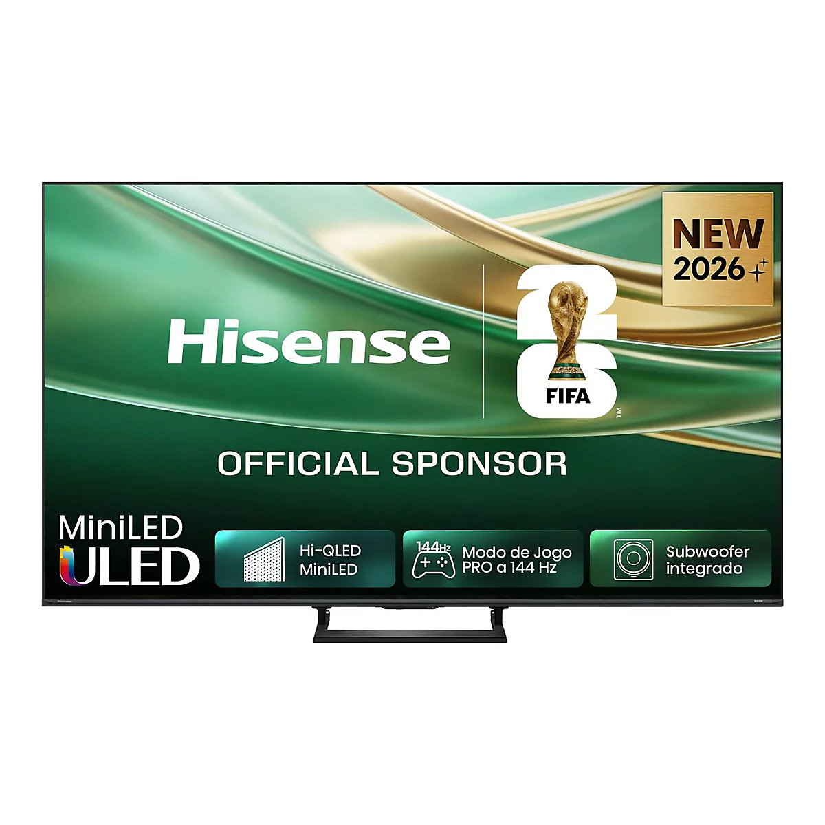 Hisense Mini-LED ULED Fernseher mit FIFA 2026 Sponsoring-Logo auf grünem Hintergrund und technologischen Ausstattungsmerkmalen.