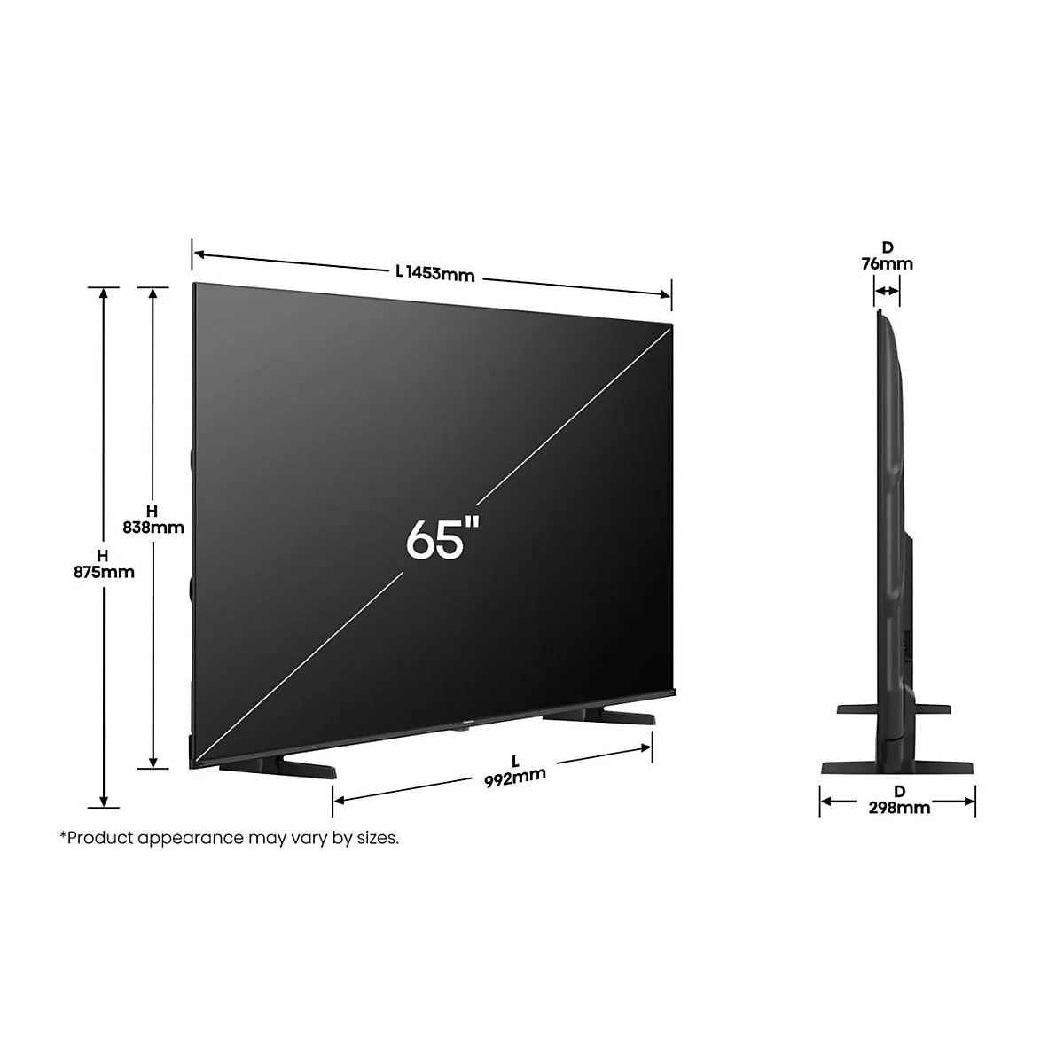 Technische Zeichnung eines 65-Zoll-Fernsehers mit Maßangaben für Breite, Höhe und Tiefe.