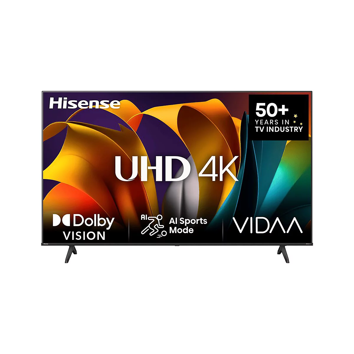 Hisense UHD 4K Smart-TV mit farbenfrohem abstraktem Bildschirmhintergrund und Logos für Dolby Vision, AI Sports Mode und Vidaa.