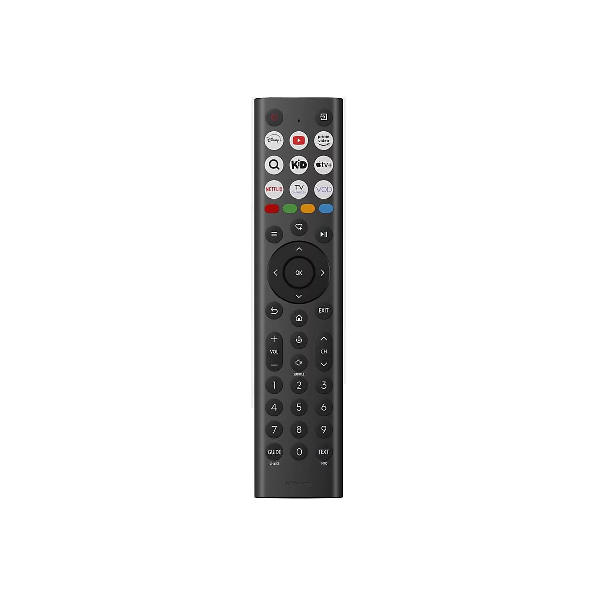 Schwarze Hisense Fernbedienung mit vielen Funktionstasten und Direkttasten für Streaming-Dienste.