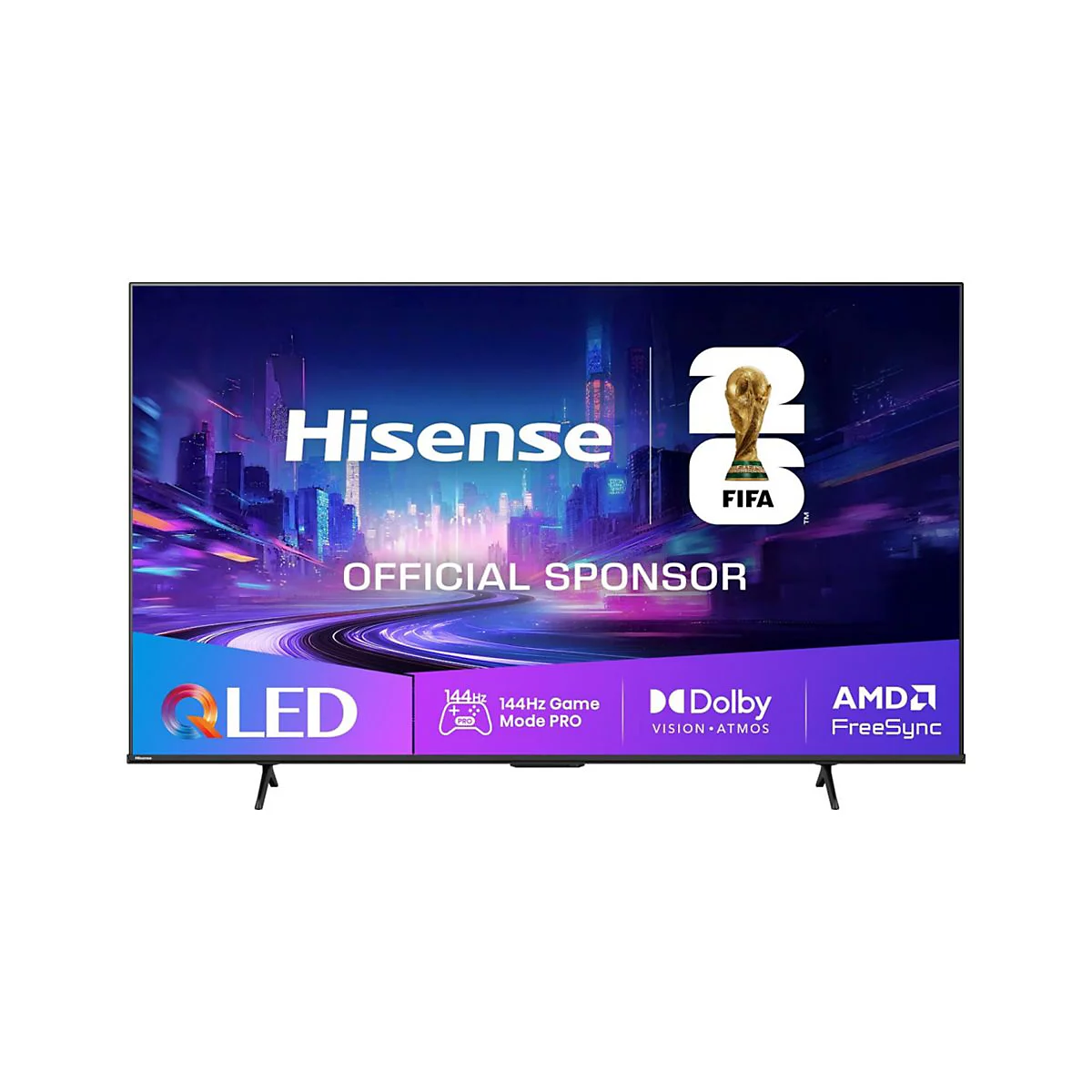 Hisense QLED-Fernseher mit FIFA-Sponsoring-Logo und Gaming-Spezifikationen auf dem Display.